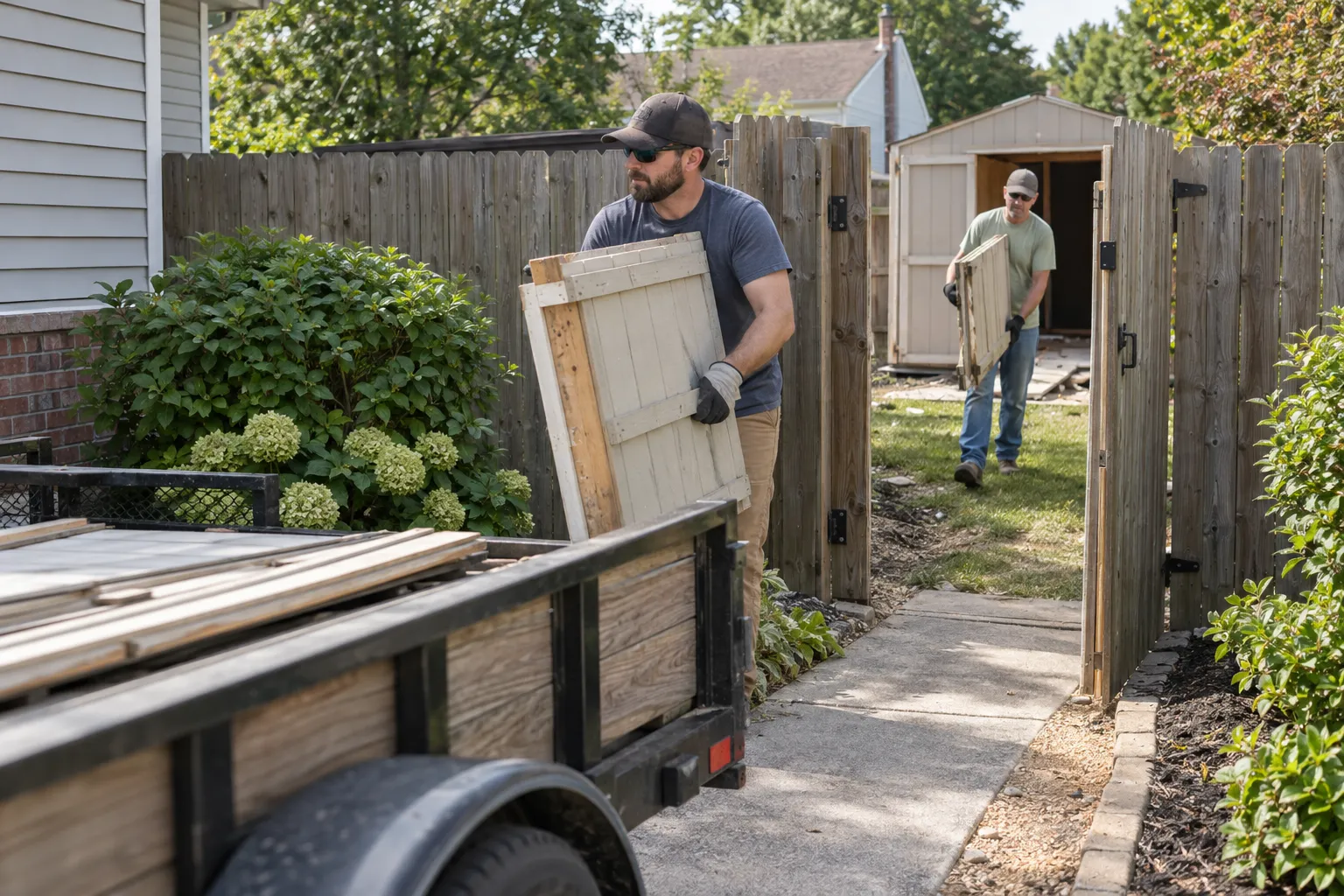 Shed panels being carried through a fenced backyard gate toward a utility trailer