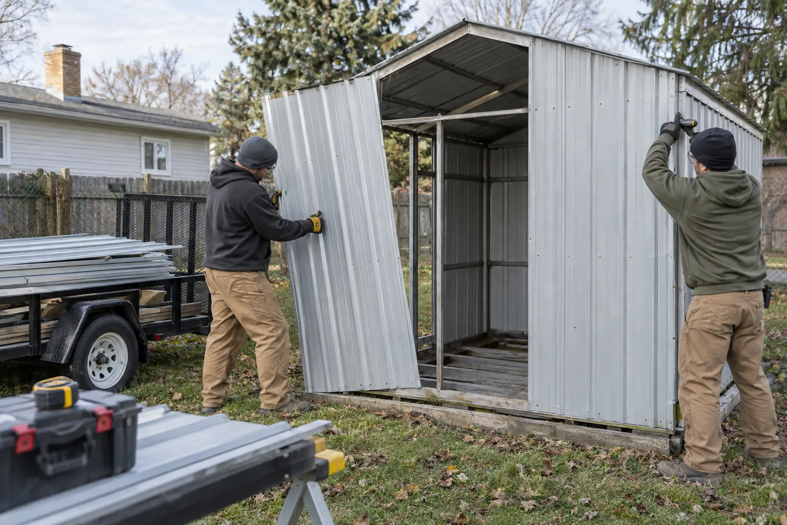Metal Shed Removal service work in a residential backyard